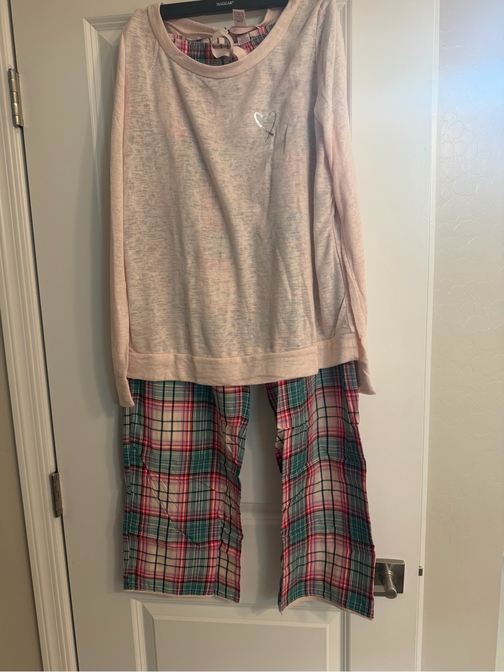Soft Pink Top & Plaid Pajama Set Womens